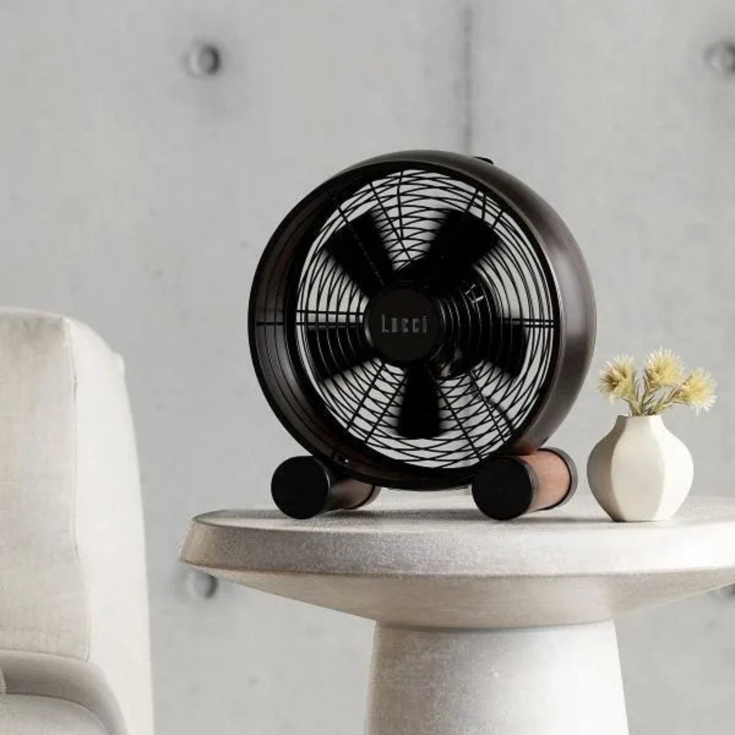 Lucci Air Breeze portable table fan with retro industrial design for homes, offices, cafés, and interior spaces in Indonesia | Kipas meja portable Lucci Air Breeze dengan desain retro industrial untuk rumah, kantor, kafe, dan interior di Indonesia