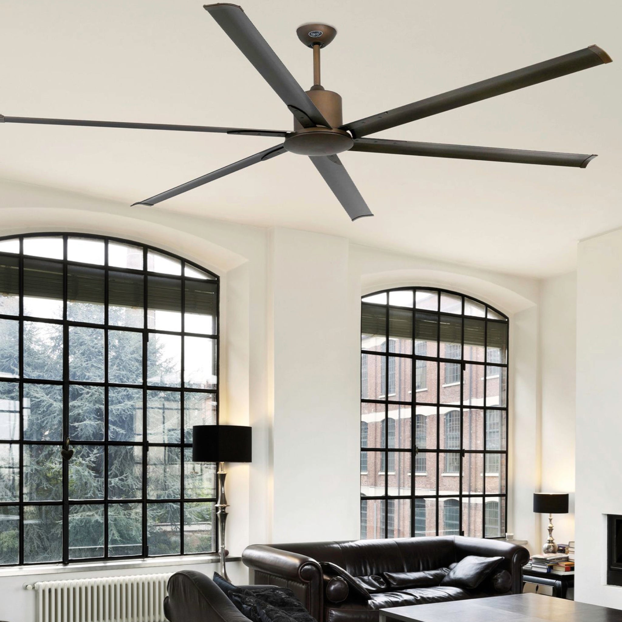Faro Andros large ceiling fan with aerodynamic blades and contemporary architectural design for villas, resorts, restaurants, and spacious interiors in Indonesia | Kipas angin plafon Faro Andros berukuran besar dengan blade aerodinamis dan desain arsitektural modern untuk villa, resort, restoran, dan ruang luas di Indonesia