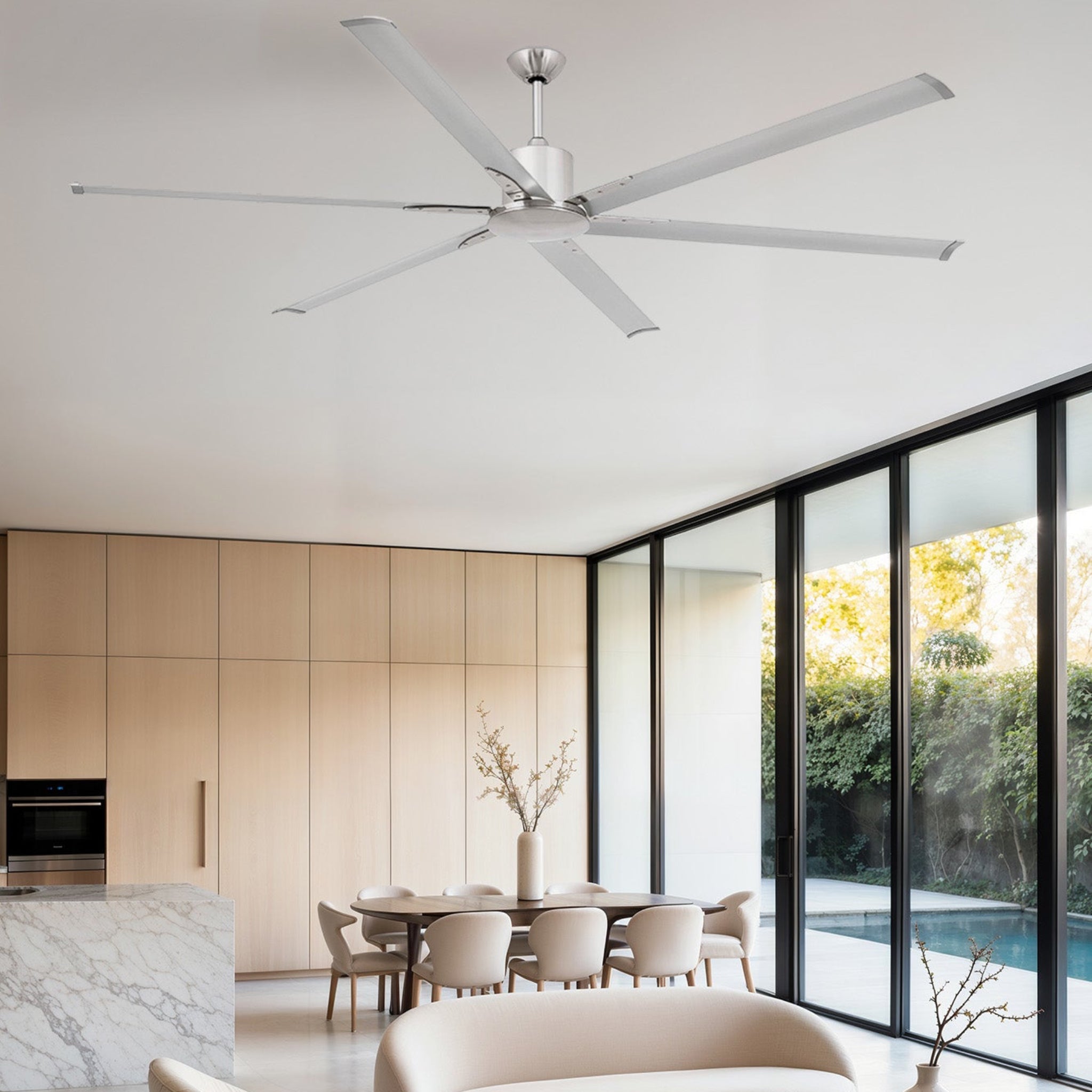 Faro Andros large ceiling fan with aerodynamic blades and contemporary architectural design for villas, resorts, restaurants, and spacious interiors in Indonesia | Kipas angin plafon Faro Andros berukuran besar dengan blade aerodinamis dan desain arsitektural modern untuk villa, resort, restoran, dan ruang luas di Indonesia