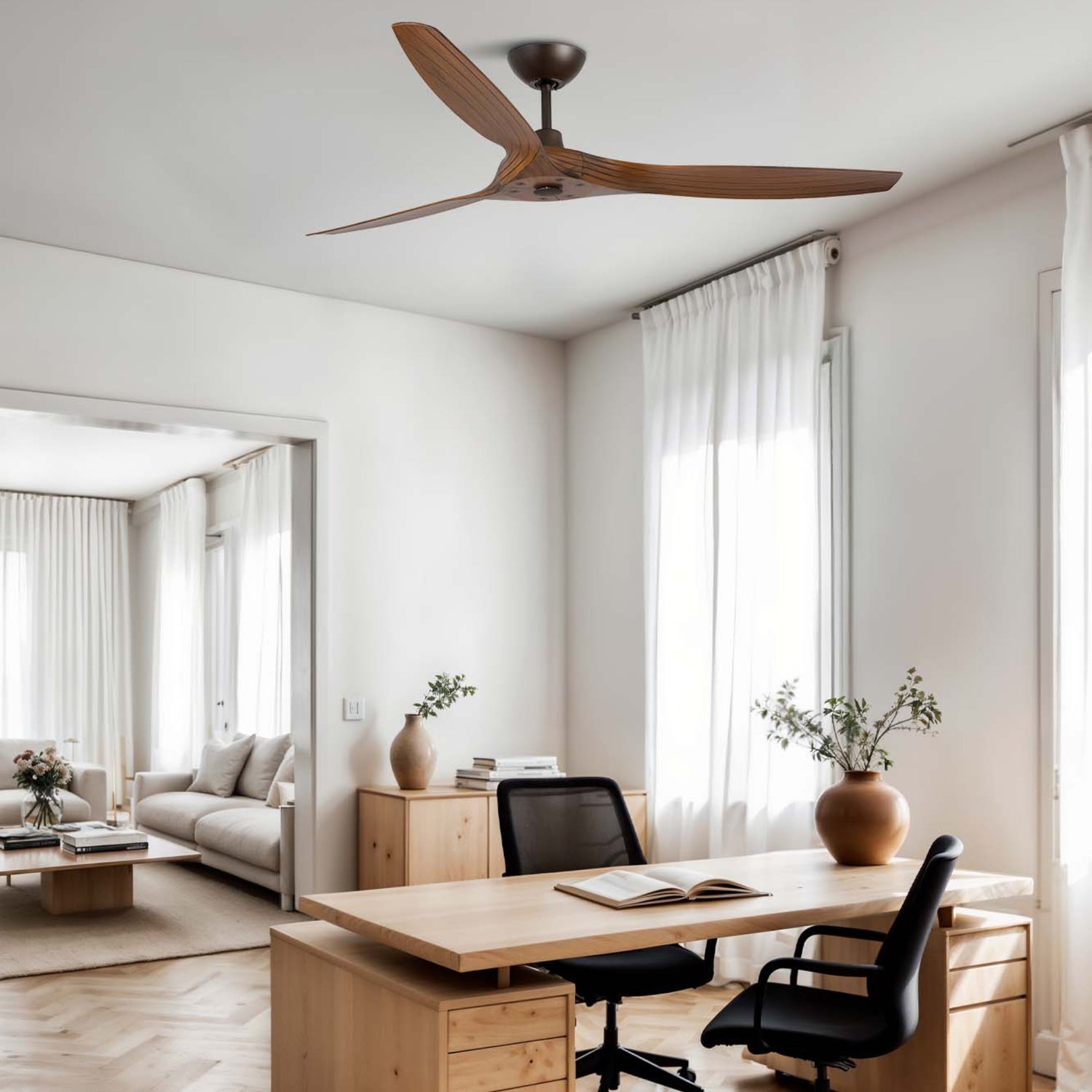 Faro Morea ceiling fan with tropical modern styling and elegant aerodynamic blades for villas, resorts, patios, and hospitality spaces in Indonesia | Kipas angin plafon Faro Morea dengan desain tropis modern dan blade aerodinamis elegan untuk villa, resort, patio, dan area hospitality di Indonesia