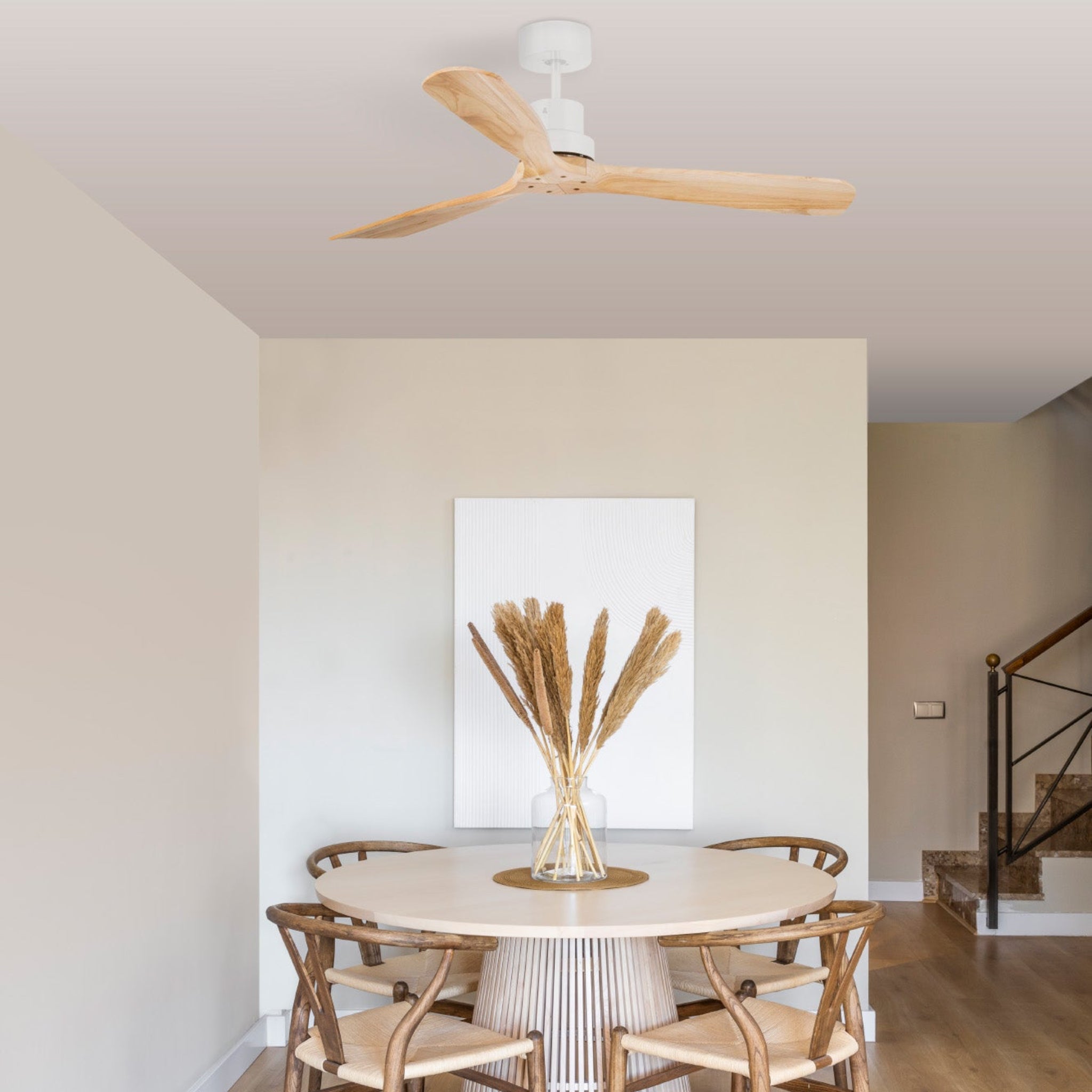 Faro Lantau ceiling fan with elegant wooden blades and contemporary natural styling for villas, coastal homes, resorts, and designer interiors in Indonesia | Kipas angin plafon Faro Lantau dengan blade kayu elegan dan desain natural modern untuk villa, rumah coastal, resort, dan interior designer di Indonesia