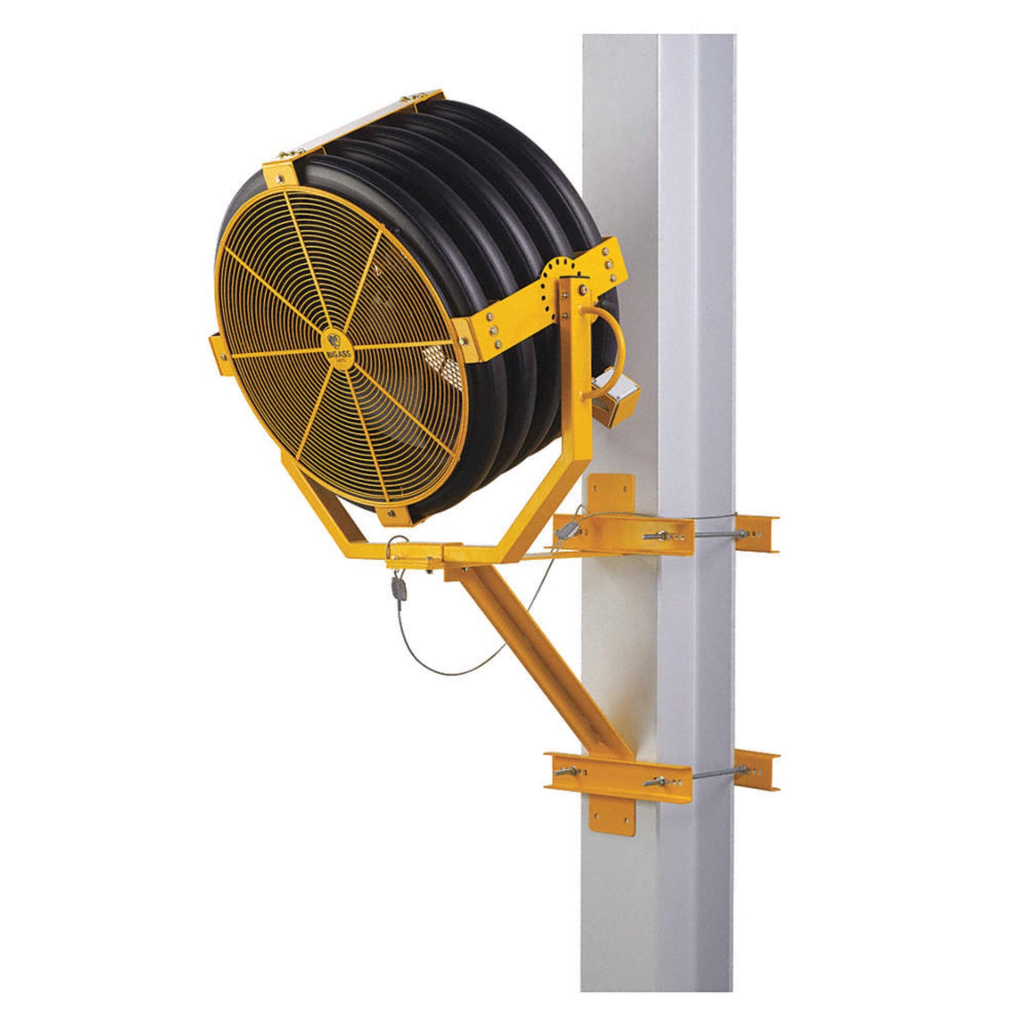 Big Ass Fans Yellow Jacket mountable and portable industrial directional fan for warehouses and commercial airflow in Indonesia | Kipas industrial directional Big Ass Fans Yellow Jacket dengan opsi pemasangan portabel, dinding, kolom, dan overhead untuk gudang dan area komersial di Indonesia