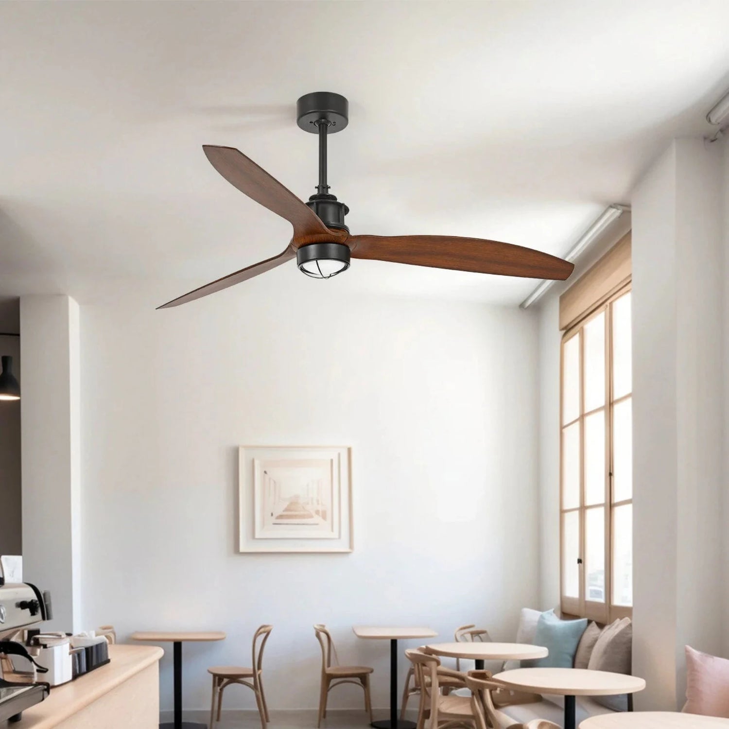 Faro Just Fan designer ceiling fan with industrial modern styling and aerodynamic blades for contemporary homes, cafes, and architectural interiors in Indonesia | Kipas angin plafon Faro Just Fan dengan desain industrial modern dan blade aerodinamis untuk rumah modern, cafe, dan interior arsitektural di Indonesia