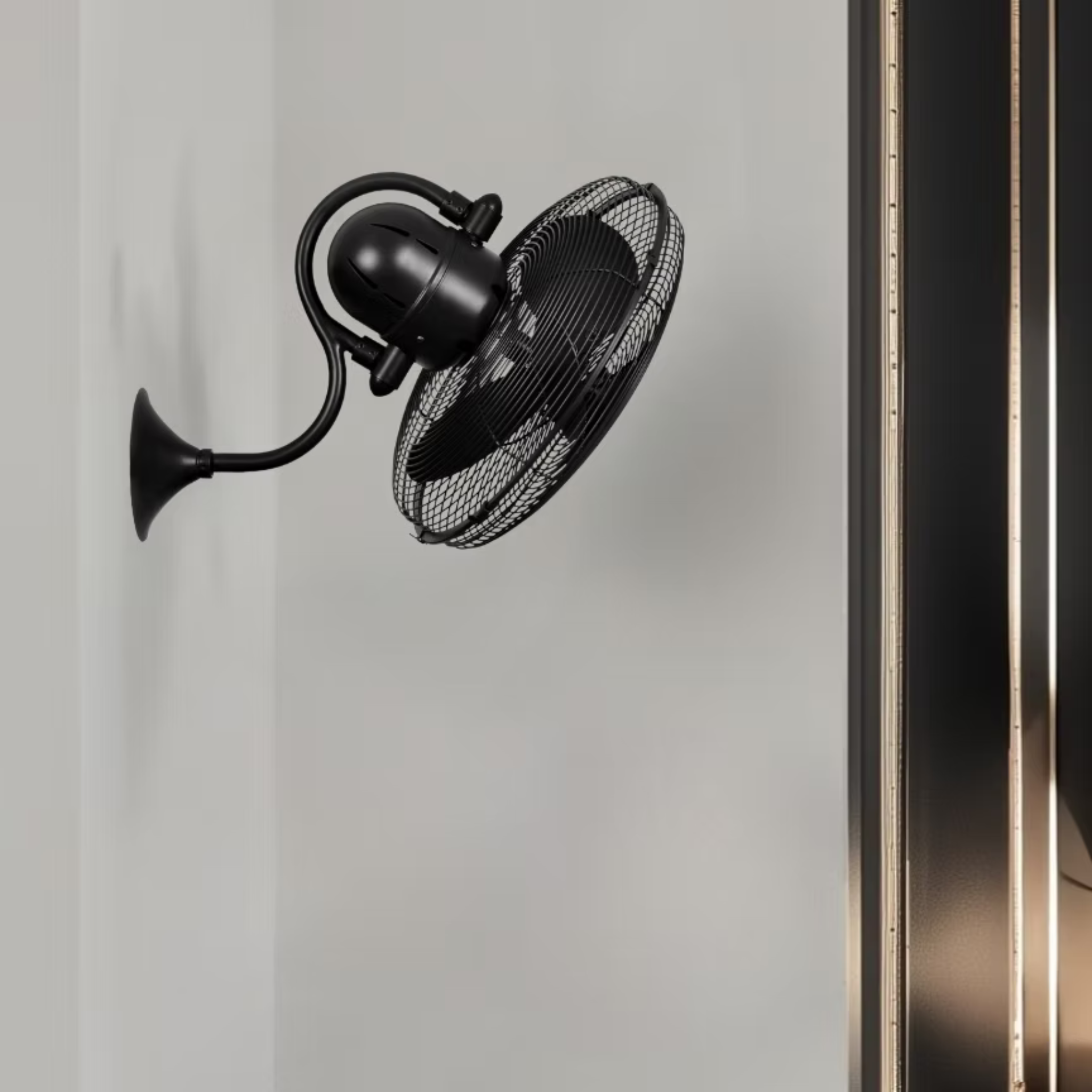 Matthews Laura wall-mounted directional fan with modern industrial design for homes, cafés, and interior spaces in Indonesia | Kipas dinding directional Matthews Laura dengan desain modern industrial untuk rumah, kafe, dan interior di Indonesia