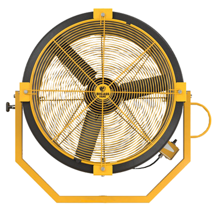 Big Ass Fans Yellow Jacket mountable and portable industrial directional fan for warehouses and commercial airflow in Indonesia | Kipas industrial directional Big Ass Fans Yellow Jacket dengan opsi pemasangan portabel, dinding, kolom, dan overhead untuk gudang dan area komersial di Indonesia